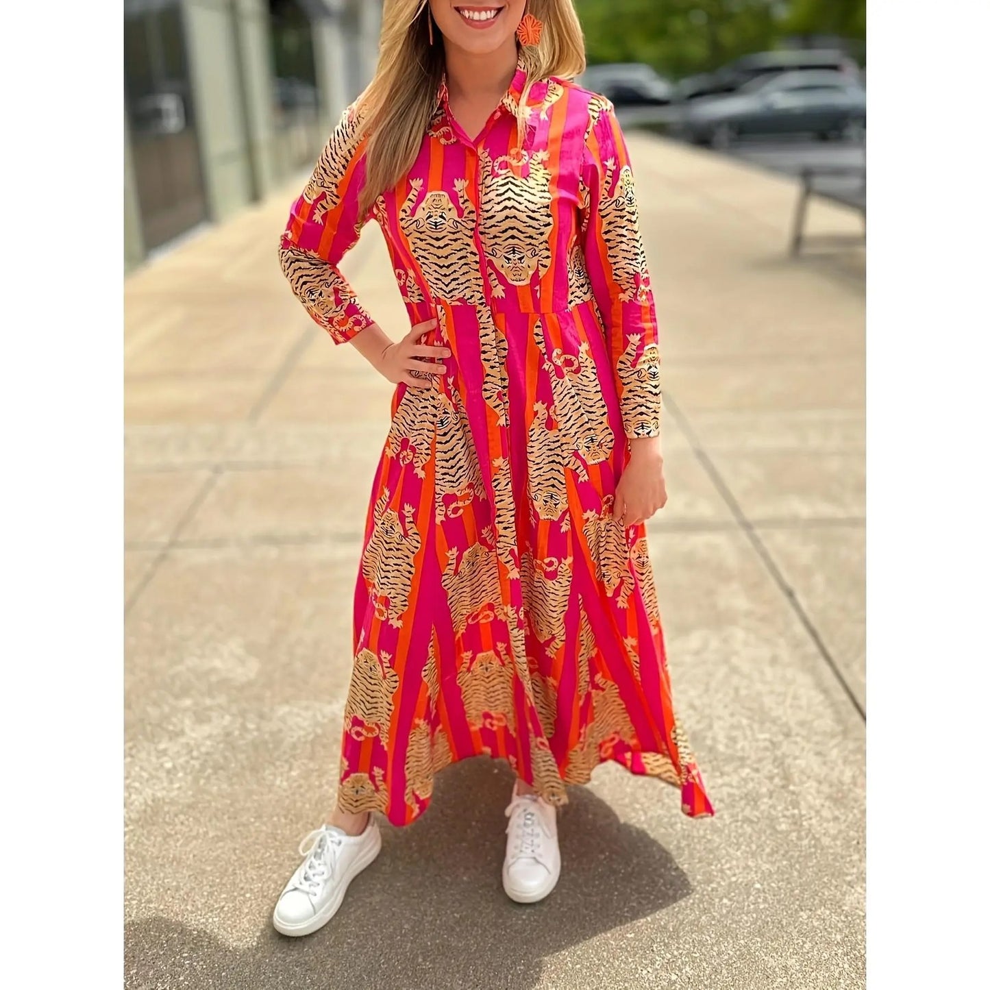 Women’s Tiger Print Long Dress Lapel Collar Three Quarter Sleeve Relaxed Fit Holiday Party Maxi Dress