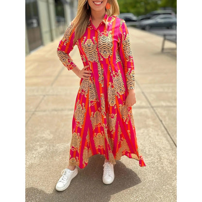Women’s Tiger Print Long Dress Lapel Collar Three Quarter Sleeve Relaxed Fit Holiday Party Maxi Dress