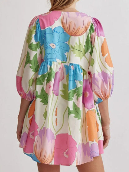 Women's Colorful Floral Half Sleeve Babydoll Dress