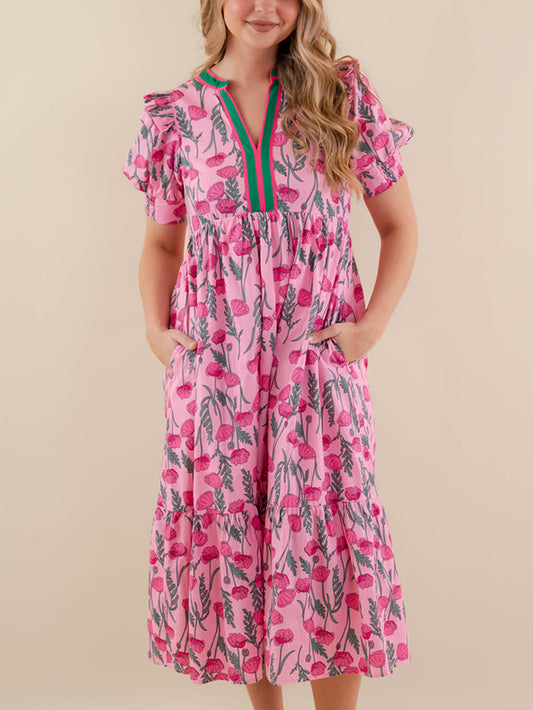 Women's Summer Midi Dress Casual Floral Puff Short Sleeve V Neck Swing