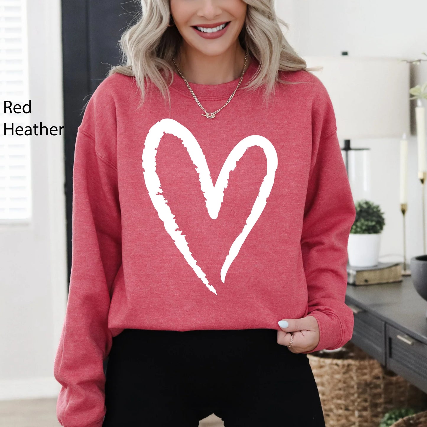 Womens Valentine Day Heart Print Crew Neck Sweatshirt