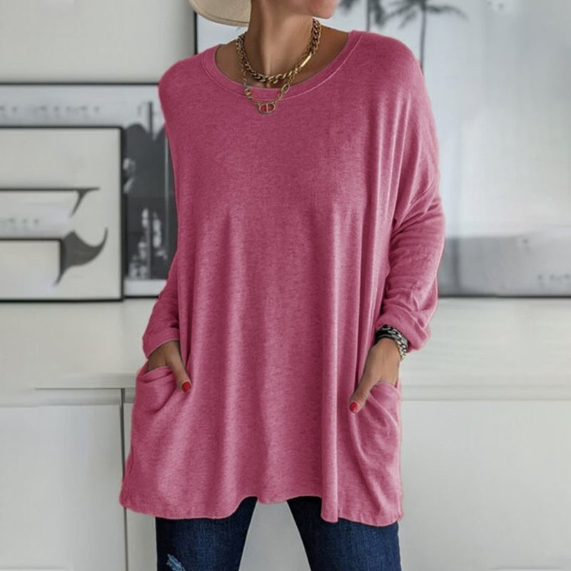 ⏰HOT SALE-Round Neck Long Sleeve Loose Pocket Solid T-Shirt