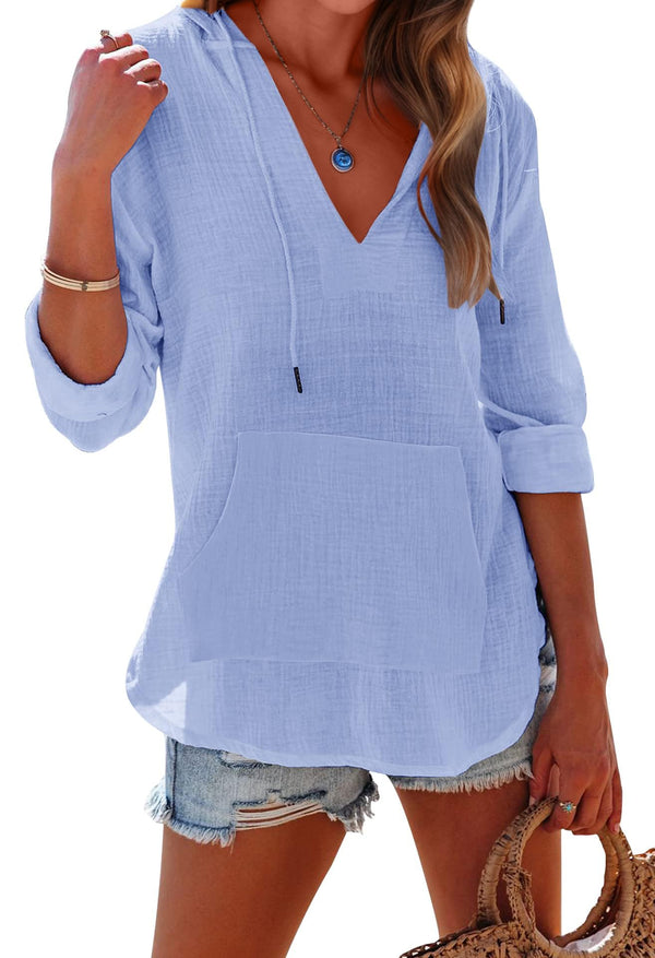 ⏰Hot Sale-Women's Long Sleeve V Neck Pocketed Hooded Shirt Top