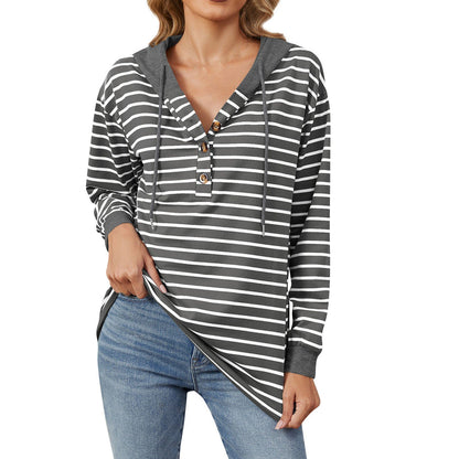 Women's Drawstring Striped Long Sleeve Hoodie