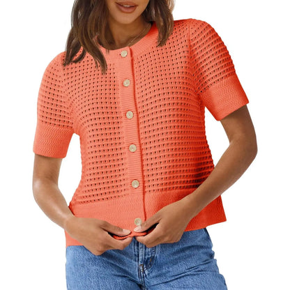 Womens Crochet Short Sleeve Cardigans Button Up Crew Neck Summer