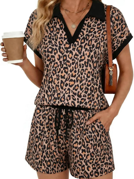 2026 Summer Cap Sleeve V-neck lapel Top & Drawstring Shorts