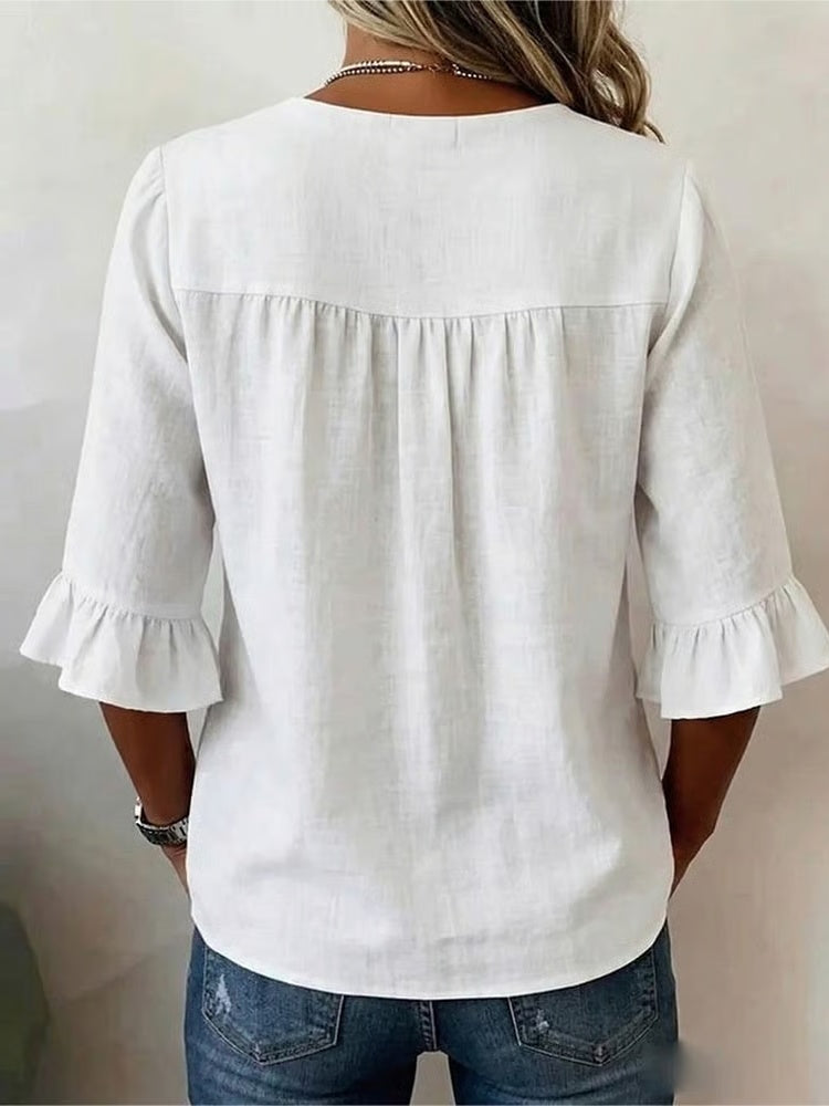 Women's V-Neck Wood Button Ruffle Sleeve Blouse