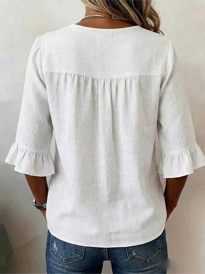 Women's V-Neck Wood Button Ruffle Sleeve Blouse