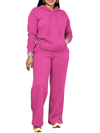 Women Solid Hooded Two Piece Outfit With Pockets