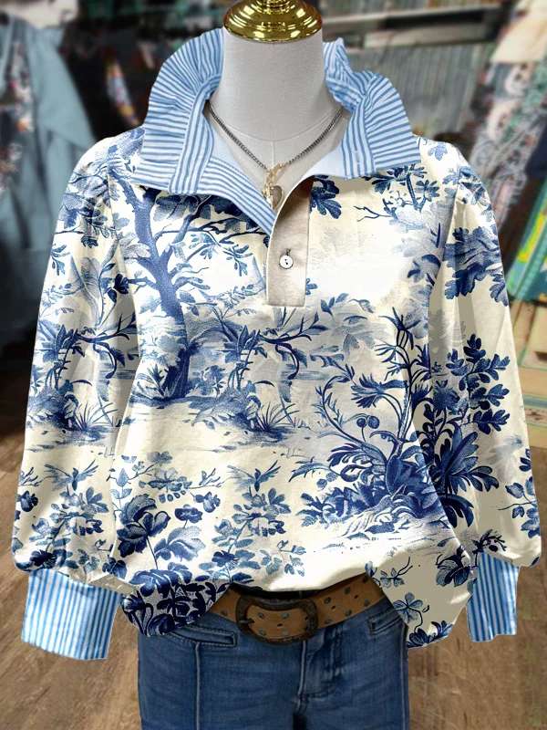 ✨Vintage Floral Print Striped Collar Top