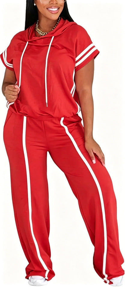 Women Summer Striped Short Sleeve Hoodie and Wide Leg Sweatpants Set Lounge Sets