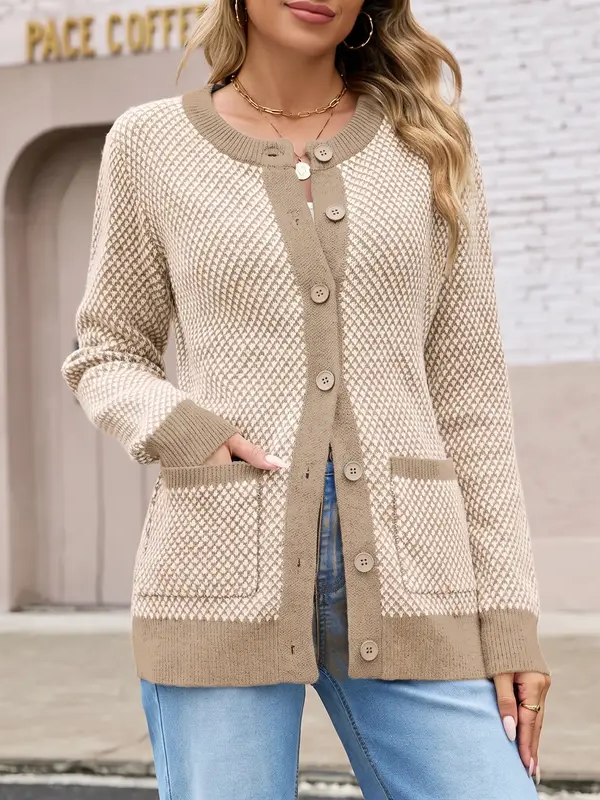 Womens Houndstooth Button Front Mid Long Cardigan With Pockets