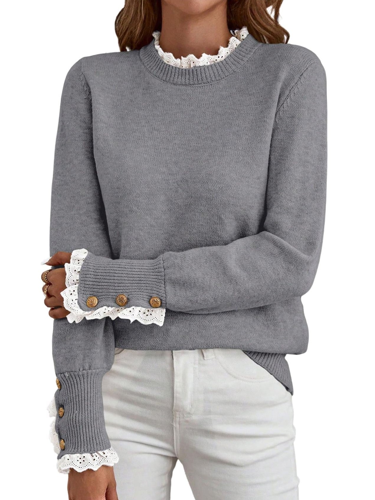 ✨Women's Long Sleeve Knitted Button Lace Trim Sweater