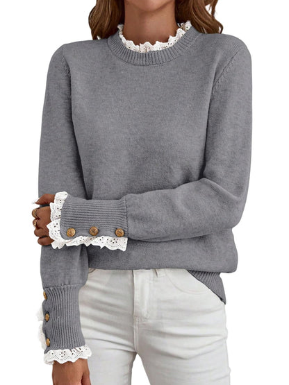 ✨Women's Long Sleeve Knitted Button Lace Trim Sweater