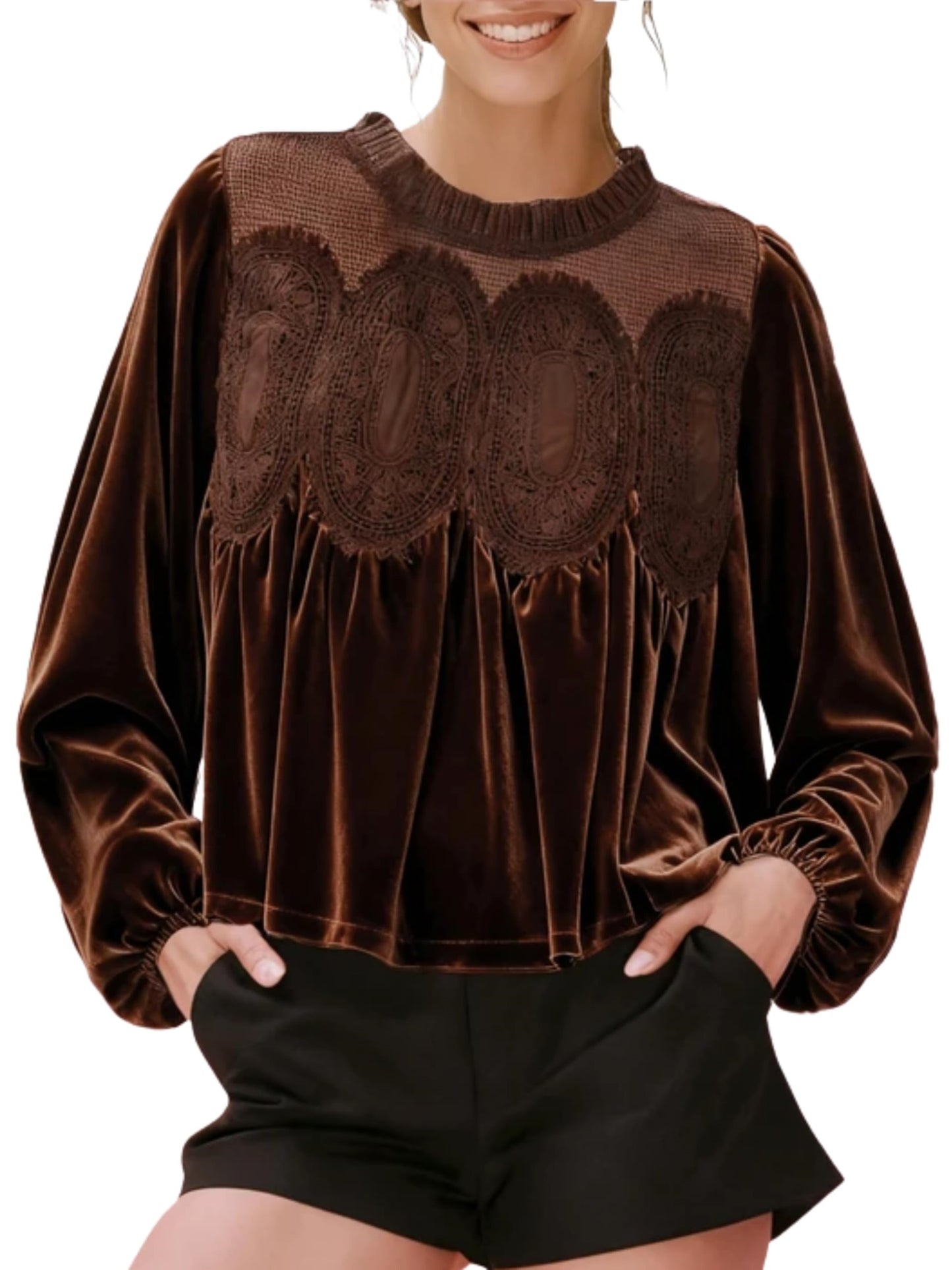 ⏰Hot Sale-Women's Long Sleeve Velvet Trim Lace Blouse Elegant Flared Swing Top