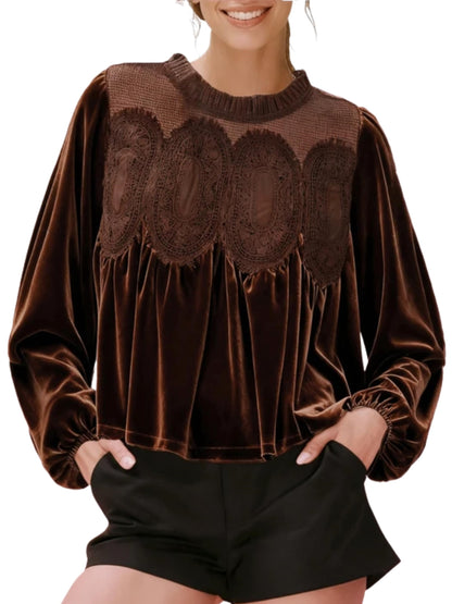 ⏰Hot Sale-Women's Long Sleeve Velvet Trim Lace Blouse Elegant Flared Swing Top
