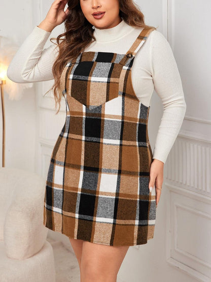 Plus Size Plaid Print Pocket Pinafore Dress