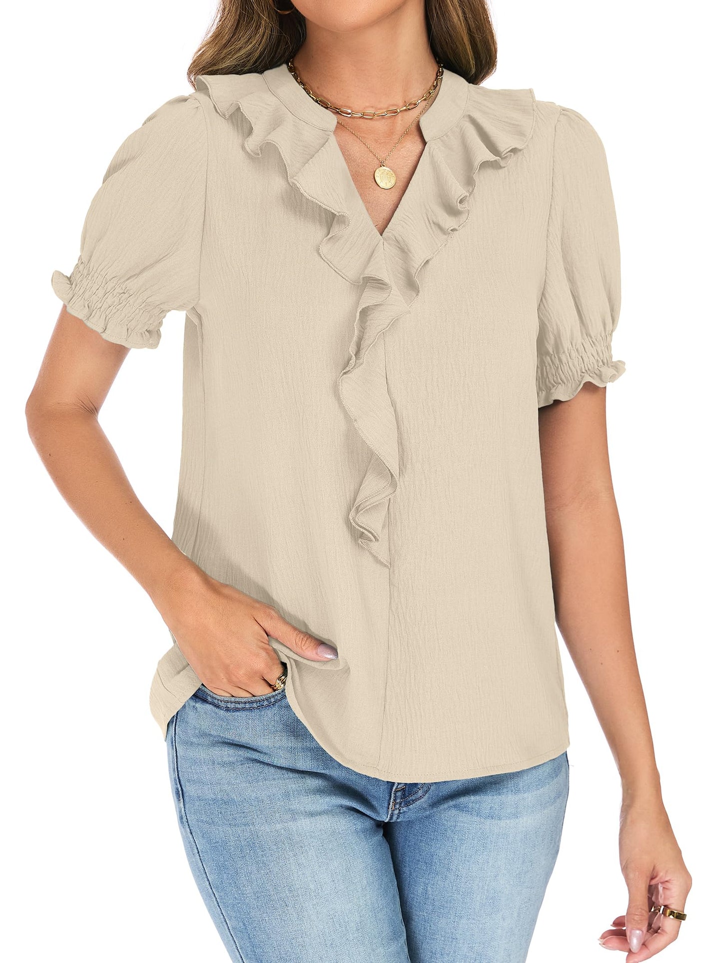 Womens Blouses Dressy Casual Puff Sleeve V Neck Ruffle Tops