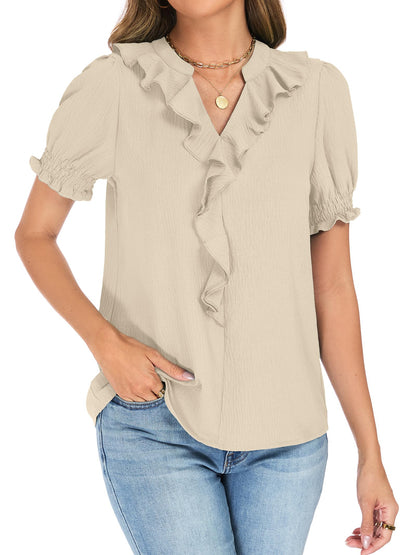 Womens Blouses Dressy Casual Puff Sleeve V Neck Ruffle Tops