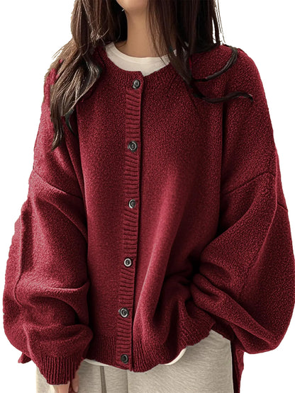 Loose Round Neck Knit Cardigan & Basic Button‑Up Lantern‑Sleeve Outer Top
