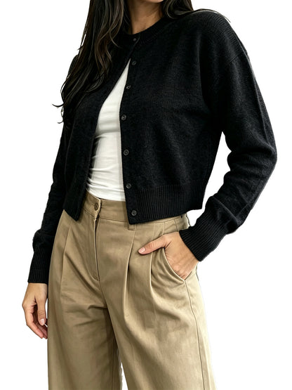 Crew Neck Button‑Front Cropped Cardigan | Sleek Clean Silhouette