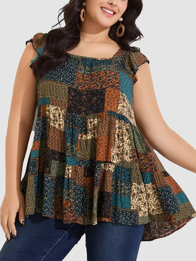 Women Plus Size Square Neck Sleeveless Floral Plaid Patchwork Boho Tunic Tank Top