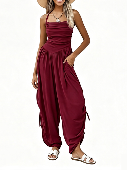 Women Halter Square Neck Sleeveless Ruched Barrel Wide Leg Side Cinch Jumpsuit