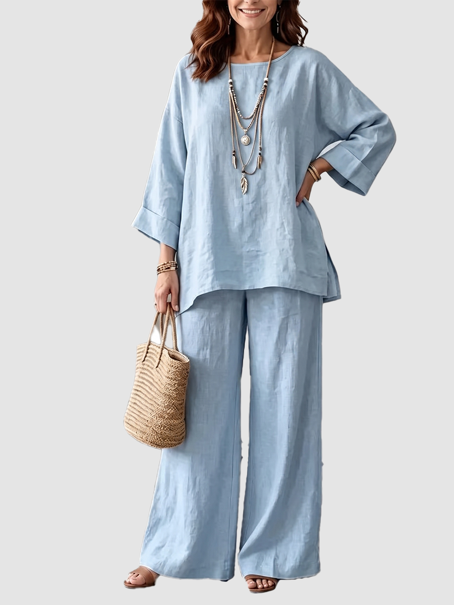 Women Loose Crew‑Neck 3/4 Sleeve Wide‑Leg Pant Two‑Piece Set