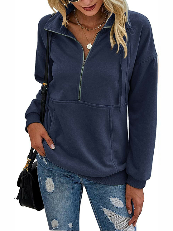 Women's Half Zip Lapel Drawstring Sweatshirt