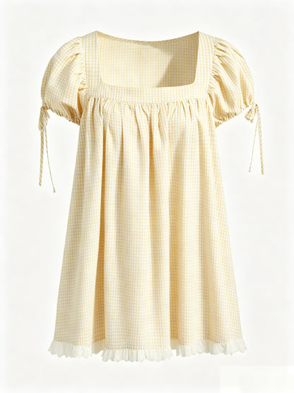 Sweet square neckline, ruffled chest, puff sleeves, adjustable silhouette, casual long shirt