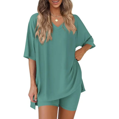 Buttery Soft Lounge Set for Women – Oversized V-Neck Tee & Matching Shorts