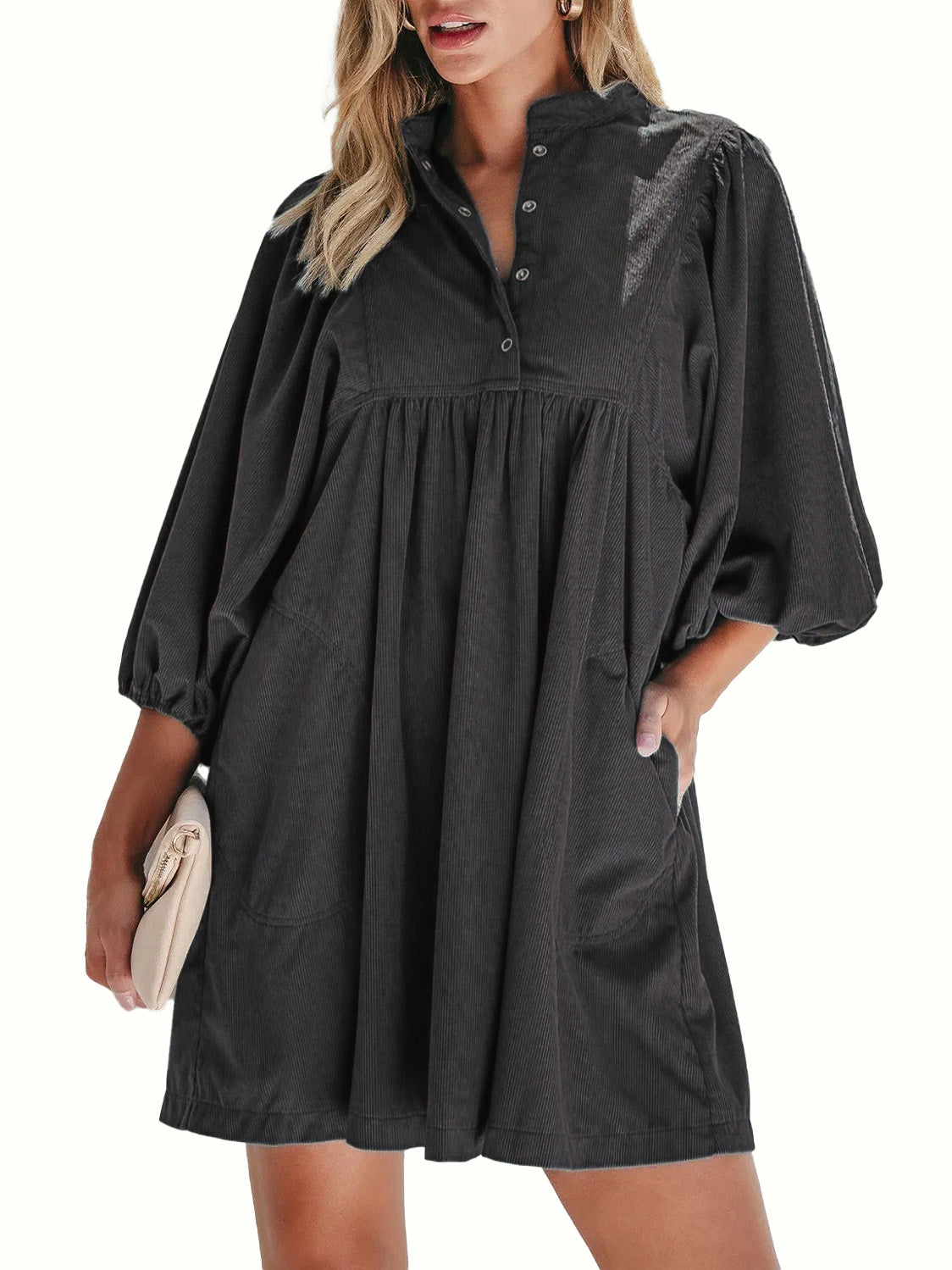 Women Stand Collar Snap Button Empire Waist Mini Dress Bracelet Puff Sleeve With Pockets