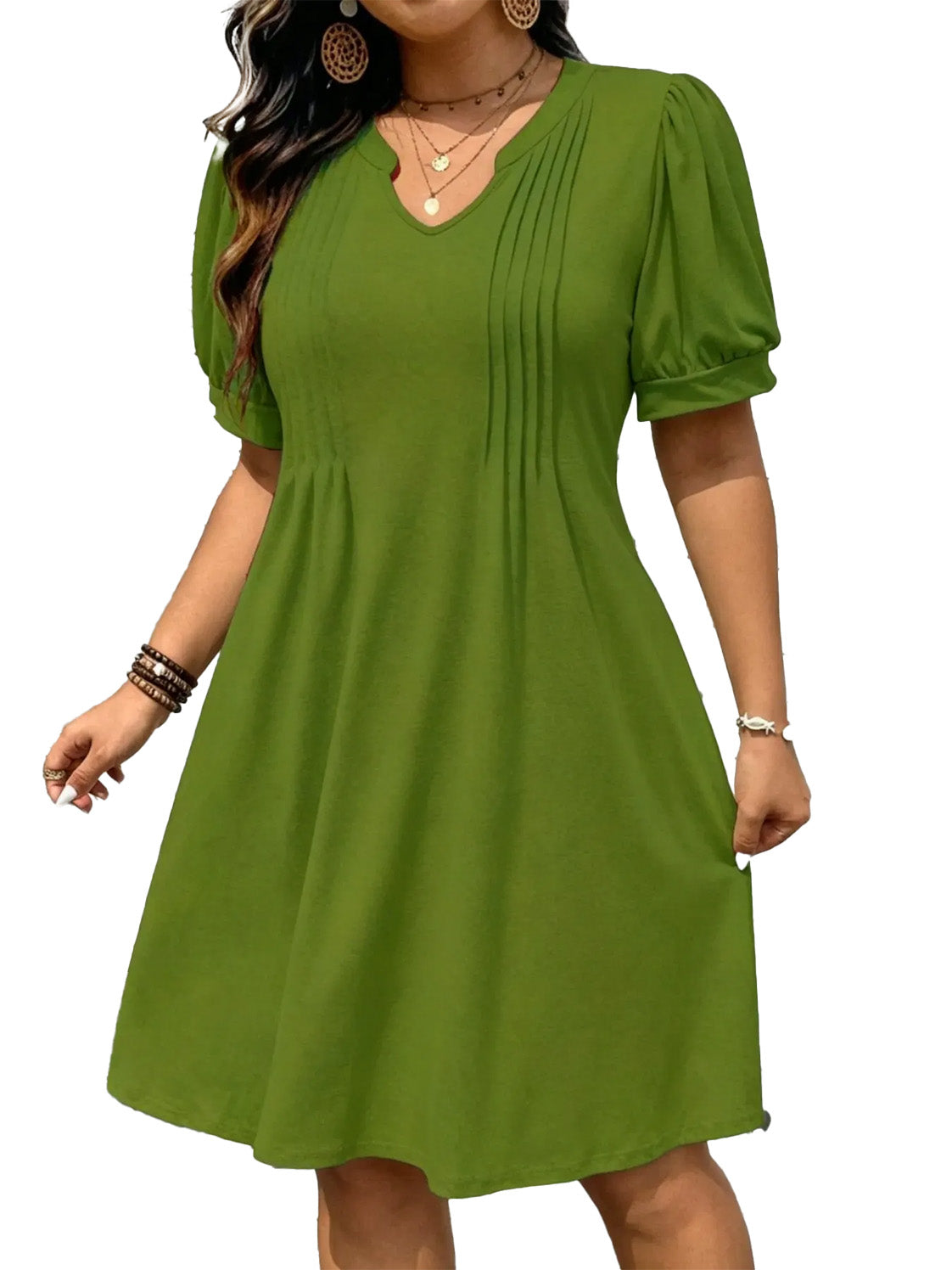 V‑Neck Bubble Sleeve Dress &Solid Color Loose A‑Line Mini Dress