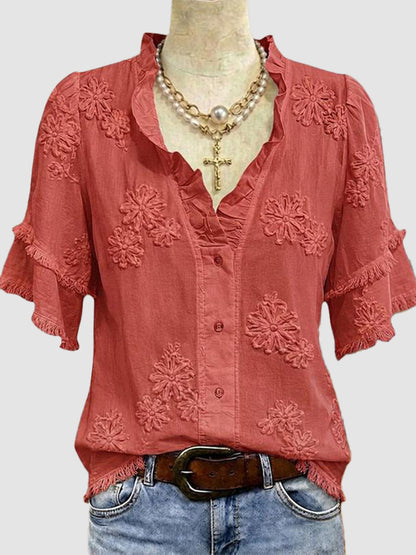 Women Vintage Ruffled V‑Neck Floral Blouse