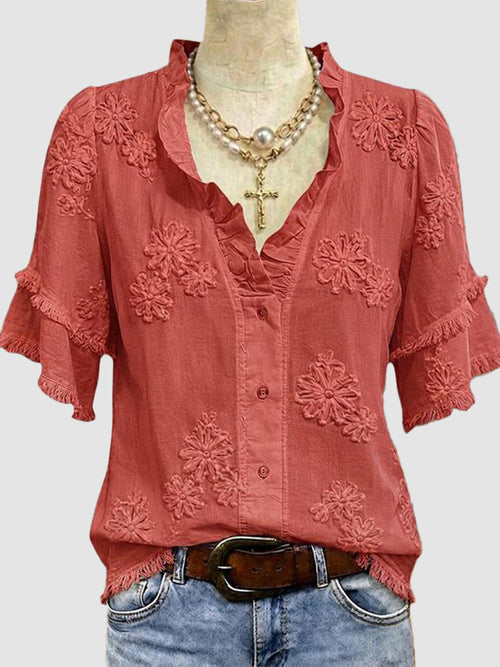 Women Vintage Ruffled V‑Neck Floral Blouse