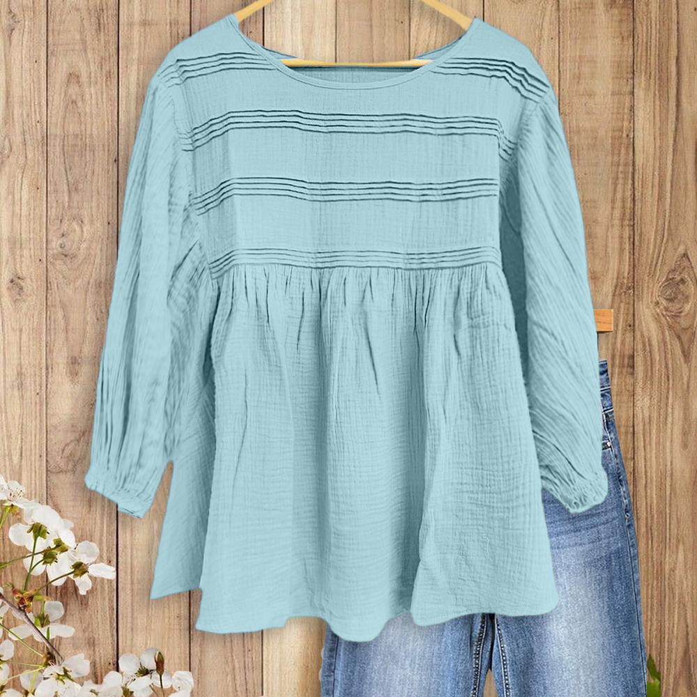 Women's 3/4 Puff Sleeve Blouse with Ruffled Cuffs & Pleated Details