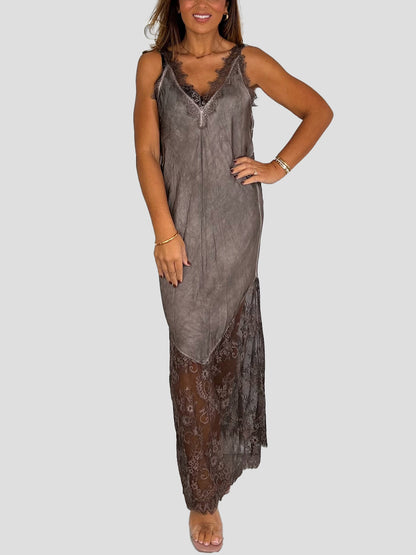 V-Neck Lace Trim Maxi Dress