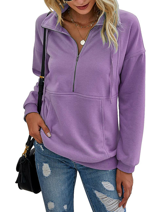 Women's Half Zip Lapel Drawstring Sweatshirt