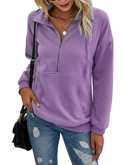 Women's Half Zip Lapel Drawstring Sweatshirt