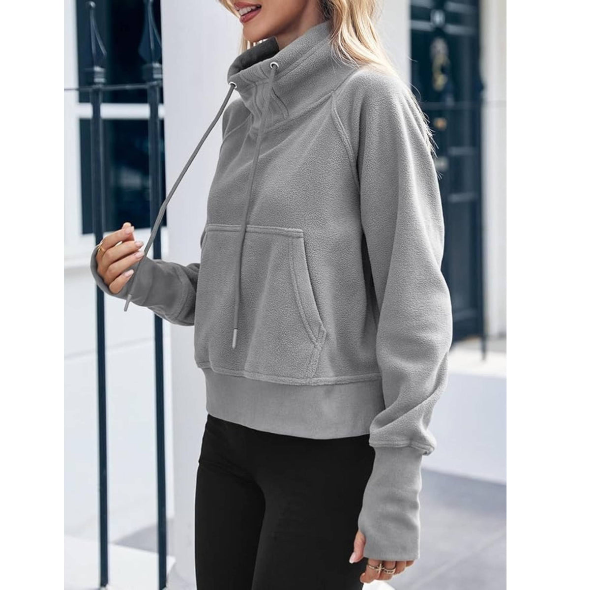 Women Fleece Lined High Neck Drawstring Sweatshirt Long Sleeve Pocket Pullover Top