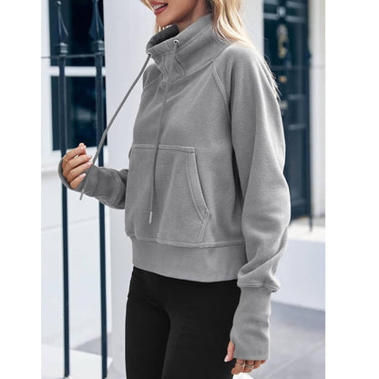 Women Fleece Lined High Neck Drawstring Sweatshirt Long Sleeve Pocket Pullover Top