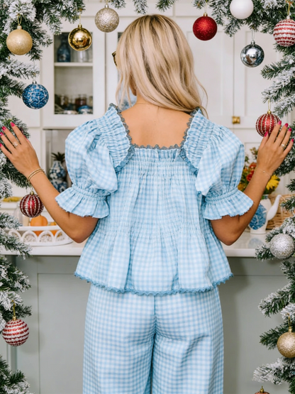 Women's Plaid Ruffle Puff Sleeve Pajamas Set