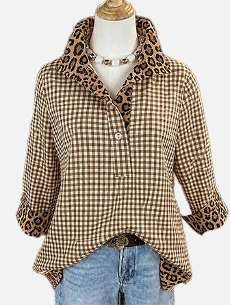 Women Gingham Blouse With Leopard Contrast Collar 3/4 Sleeve