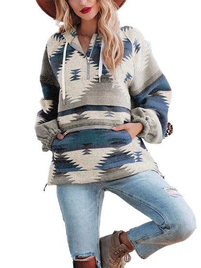 Western Boho Loose Fit Long Sleeve Hooded Pullover, Aztec Print Casual Sweatshirt For Ladies