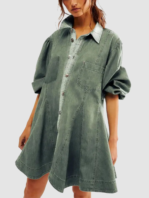 Women Vintage Ruffle Hem Denim Dress With Pockets