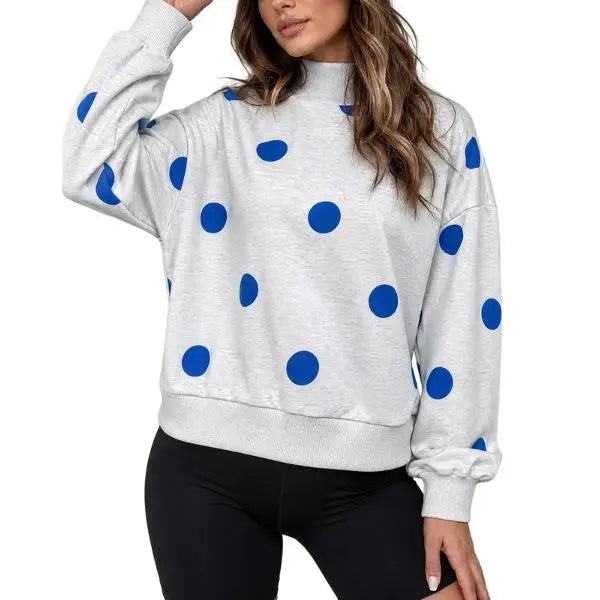 Women Oversized Long Sleeve Polka Dot Mock Neck Casual Pullover Sweatshirt