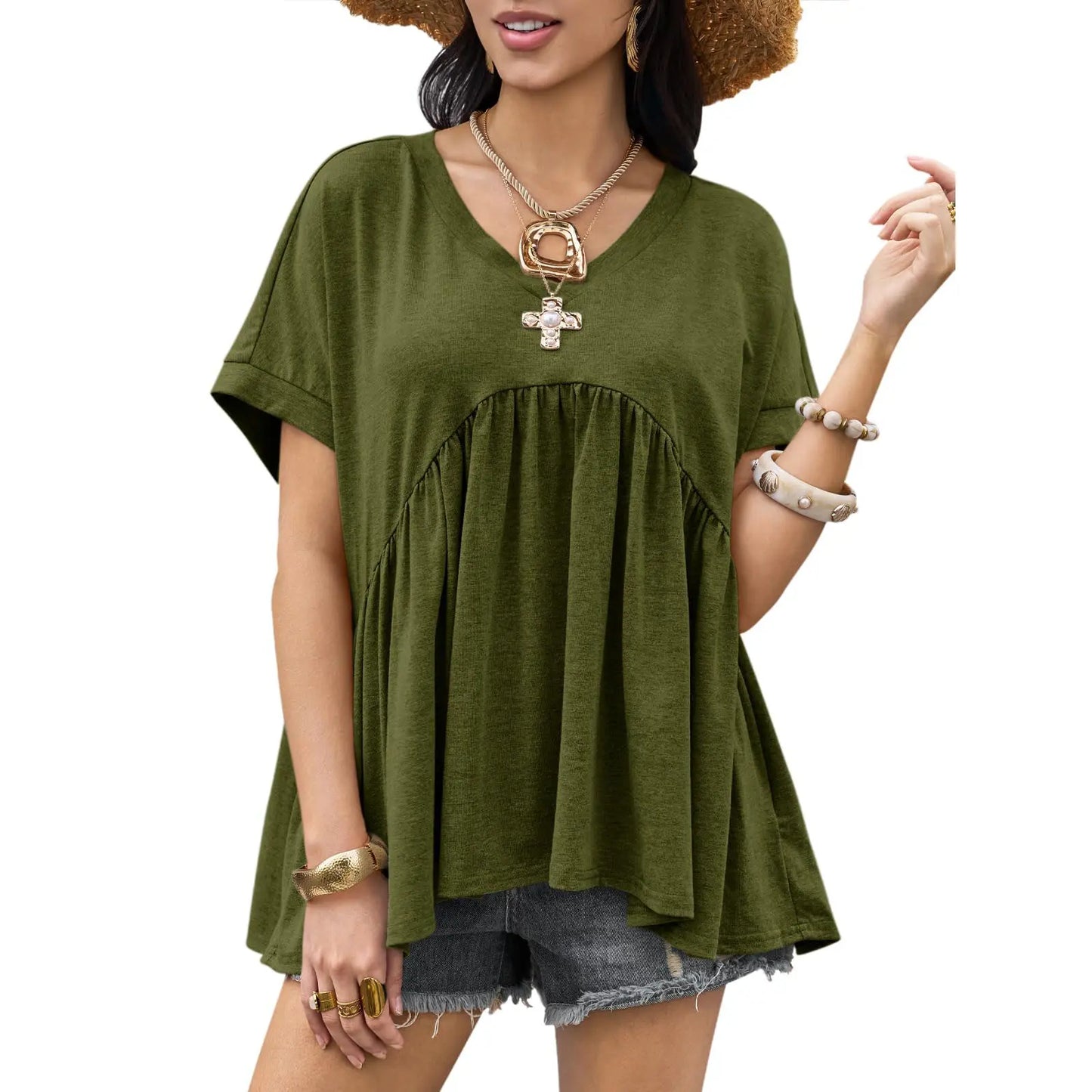 V Neck Ruffle Peplum Short Sleeve Tunic Top