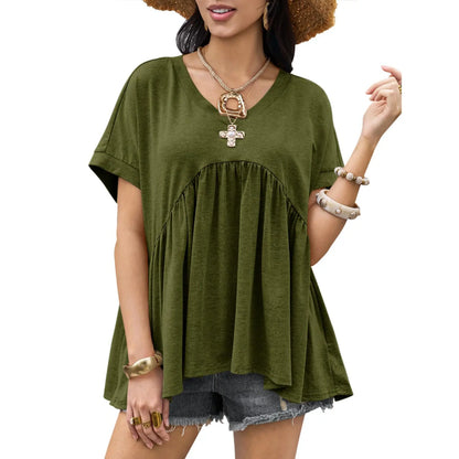 V Neck Ruffle Peplum Short Sleeve Tunic Top