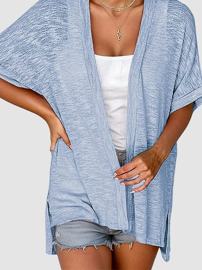 Slub Knit Open Front Roll Cuff Short Sleeve Side Slit Lightweight Cardigan