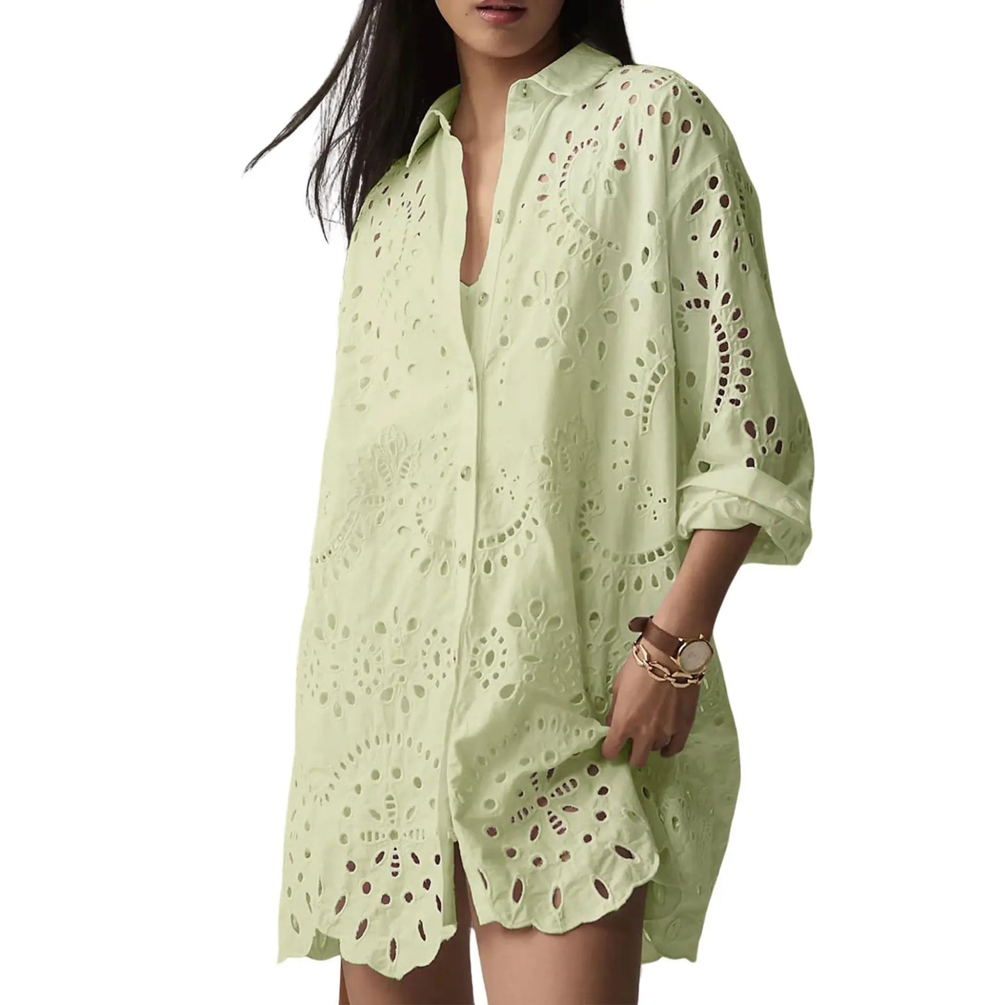 Oversized Eyelet Embroidered Long Sleeve Shirt Dress